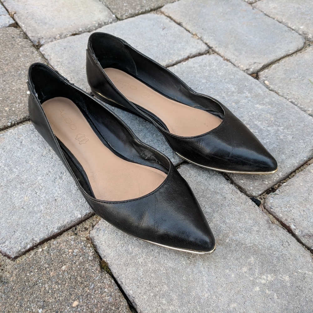 ALDO Black Leather Pointed Flats with Gold Trim